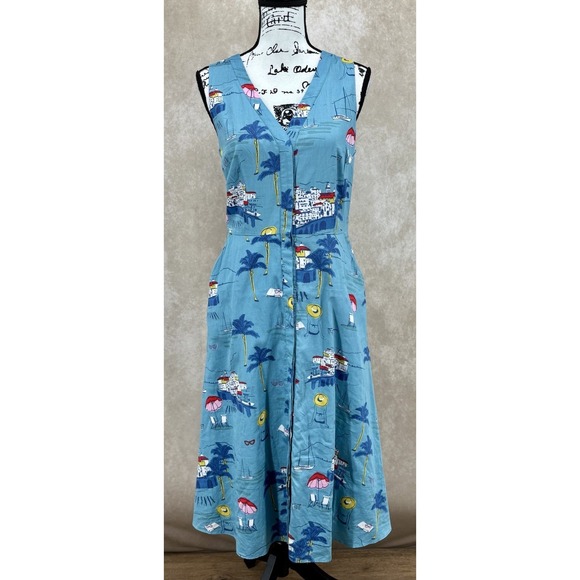 Boden Josephine Midi Dress Size 8 Blue Coastal Print Sleeveless V Neck A Line - Picture 2 of 9